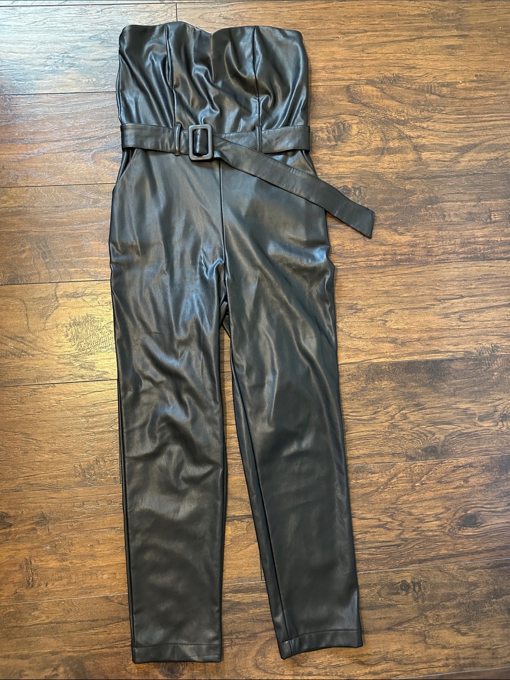 Have Black Strapless Faux Leather Belted Jumpsuit